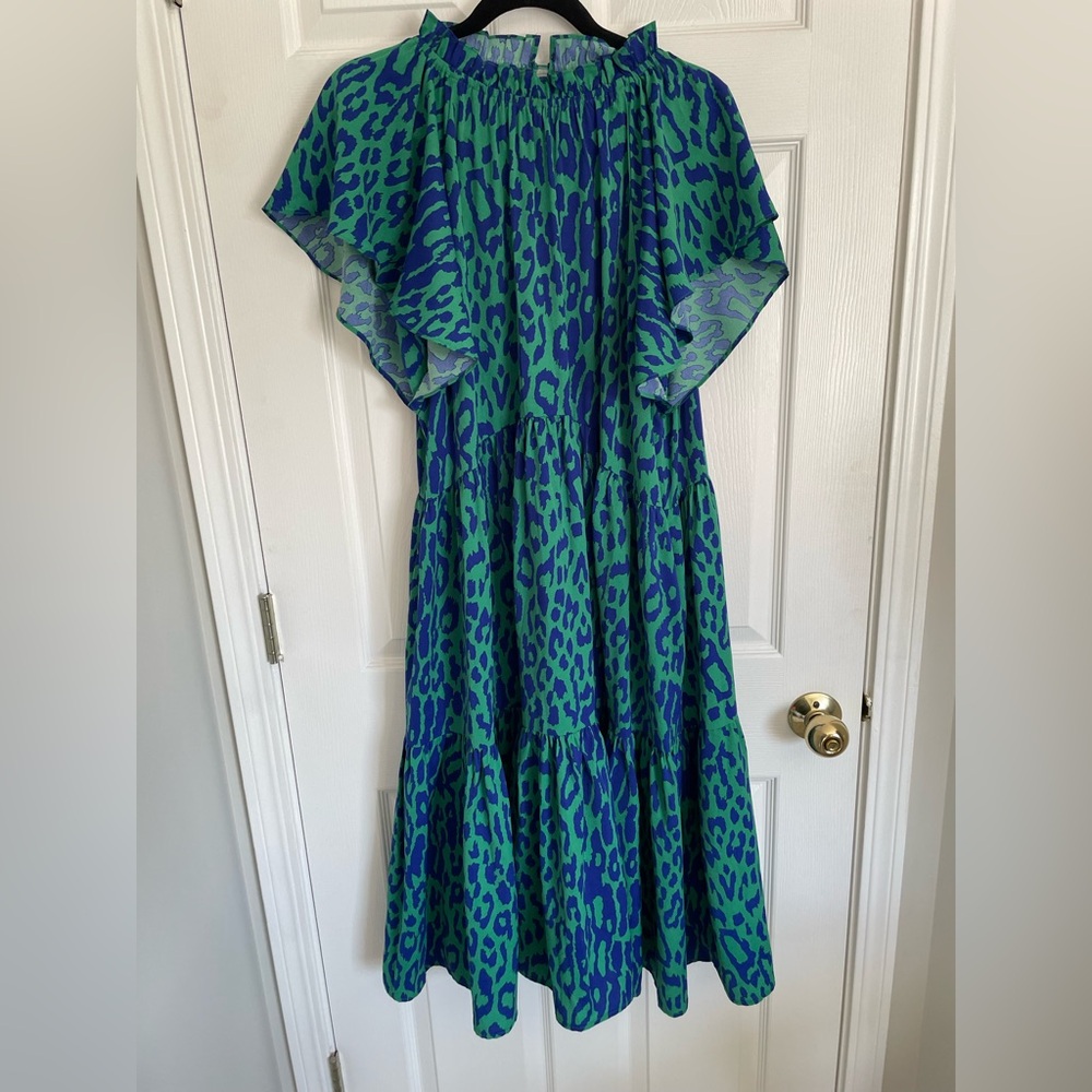 Pinch green and blue leopard print mock flutter tier maxi dress - Picture 2 of 5